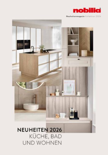 Unterschiedliche Regale und Schranklösungen und Küchen von nobilia – Cover des Neuheitenmagazins 2026