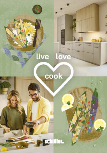 4 geteiltes Cover des Schüller Journals 2026: 2 Ilustrationen von Essen, ein Foto einer Schüller Küche und ein Pärchen beim Kochen.